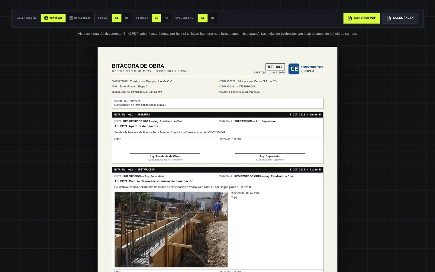 Bitácora de obra en PDF con notas, firmas y fotografía